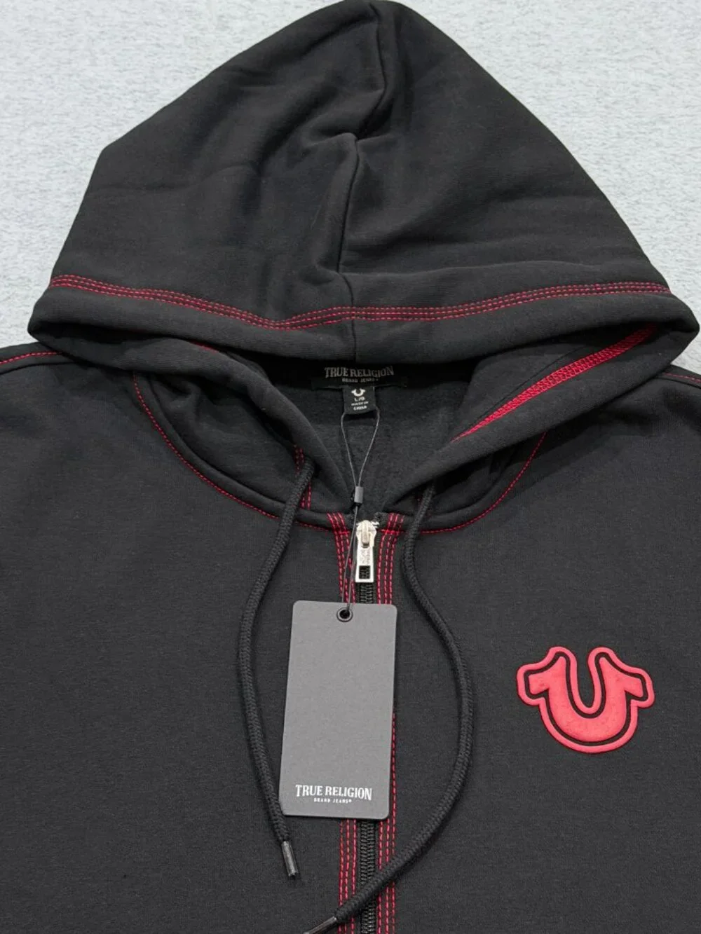 True Religion Mens TNL Puff Buddha Full Zip Hoodie Large L Black Red Stitch NWT